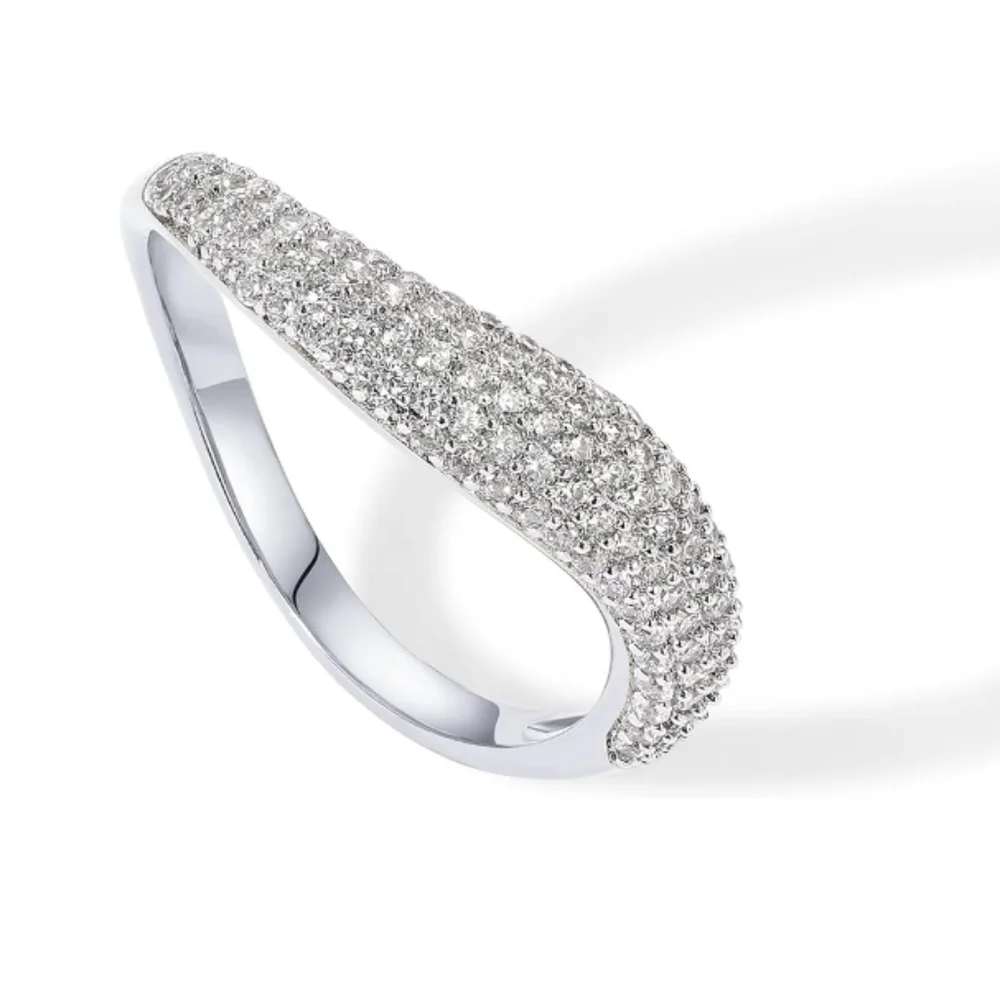 14K Gold Plated Wavy Cubic Zirconia Stackable Ring In White Gold - Picture 2 of 5